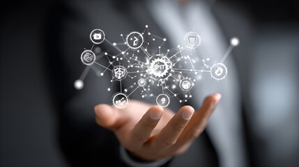 IT Consulting. Businessman holds digital consulting network connecting icon representing IT solutions, focusing on innovation, strategy, optimization, growth, and technology-driven success	