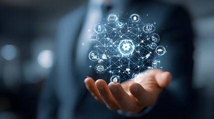 IT Consulting. Businessman holds digital consulting network connecting icon representing IT solutions, focusing on innovation, strategy, optimization, growth, and technology-driven success	