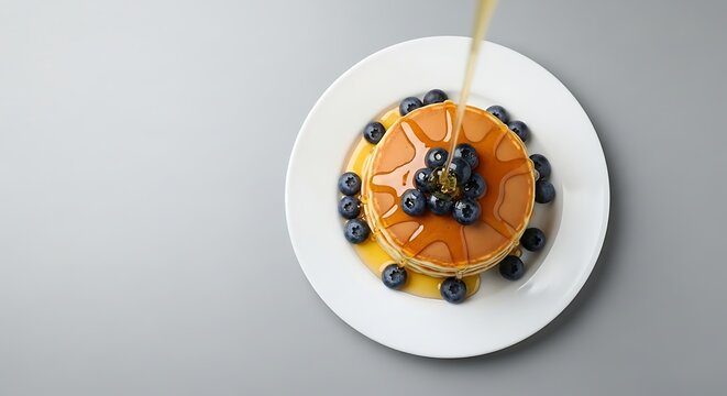 Overhead view of pancakes with blueberries and syrup being poured on top on a white plate on gray