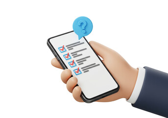 Hand holding smartphone with checklist and question mark speech bubble above the phone screen on transparent background