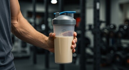 Hand Holding Protein Shake in Blurred Gym Setting