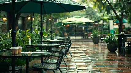 Rain-soaked outdoor café scene with empty tables, green umbrellas, and lush foliage in the background - Powered by Adobe