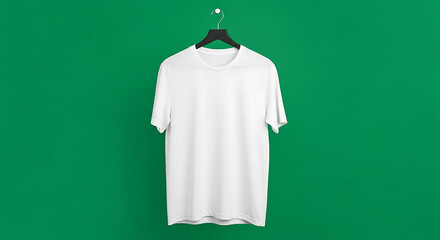 Green and white dress shirt on a hanger on a wall, a blank fashion apparel template