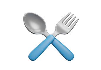 Fototapeta premium A silver spoon and fork with blue handles crossed over each other in a simple isolated arrangement on transparent background