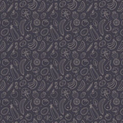 Seamless pattern of hand drawn fruits and vegetables on a dark background