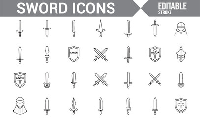 Minimalistic sword and shield icons representing warriors, armor, and defense