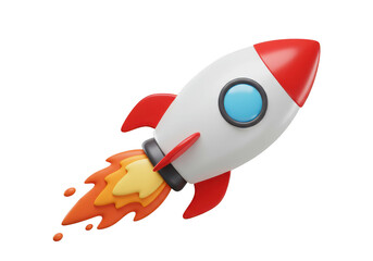 A cartoon rocket ship launching with flames isolated on a plain dark setting in a studio shot on transparent background
