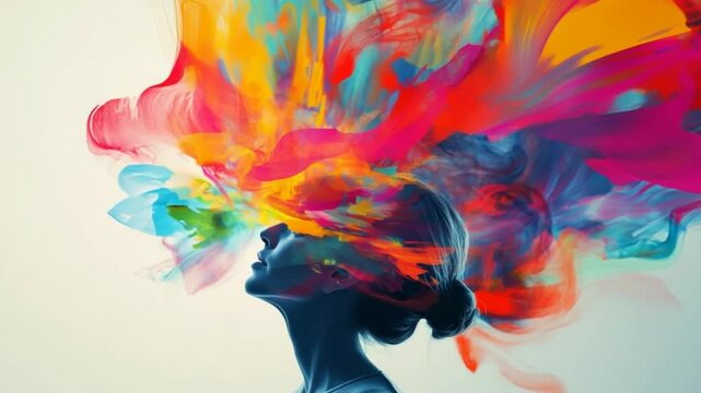 Imaginative Colorful Dreams Flowing Around Woman's Head Showcasing Creativity