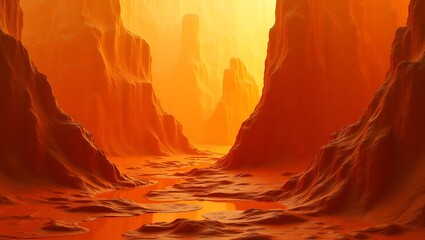 Surreal orange canyon landscape with flowing liquid under golden hues