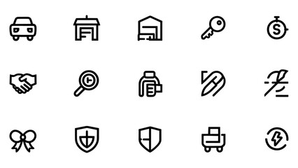 Collection of Minimalist Line Icons Car, House, Garage, Key, Time, Deal, Search,  Building, Speed,  Gift, Security, Shopping Cart, and More