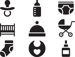 Adorable Baby Essentials Icons of Crib, Bottle, Pacifier, and More