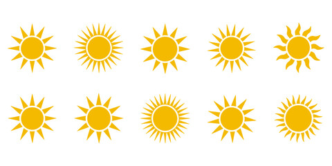 Collection of Ten Yellow Sun Icons  Summer, Sunshine,  Bright,  Warm,  Energy Symbols for Design Projects