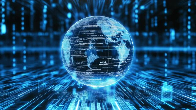 Digital hologram of Earth with data and blue light lines on cyberspace background. Concept of global communication, digitalization, big data and high technologies. - Powered by Adobe