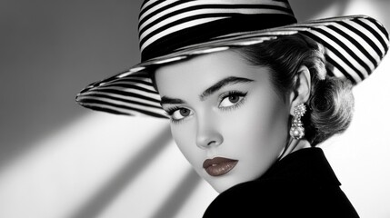 Black and white portrait with vintage lighting and soft grain texture, reminiscent of 1940s film stars and classic studio glamour shots.