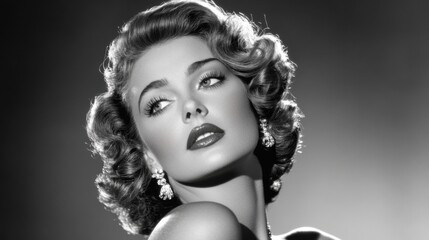Timeless black and white portrait with soft grain and dramatic contrast, evoking 1940s cinematic elegance and vintage Hollywood charm.