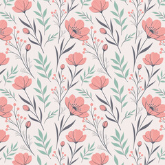 Delicate coral pink floral pattern with green leaves and berries