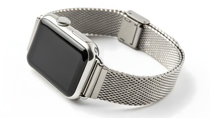 Apple watch mockup silver stainless steel mesh band modern smartwatch technology wearable device design style on transparent background