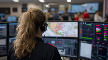A woman with long hair, wearing headphones, sits in front of a bank of computer monitors displaying data and maps in a busy control room setting.