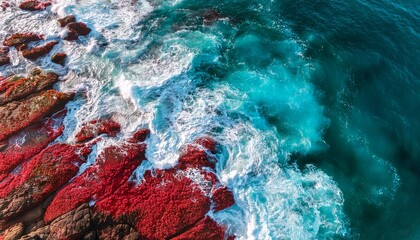 unique aerial view of turquoise waves crashing onto vibrant red algae covered rocks creating surreal patterns along the shoreline