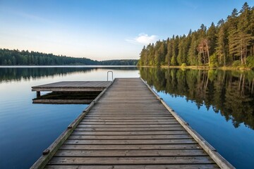 Fototapeta premium Empty Wooden Dock on a Serene Clear Lake