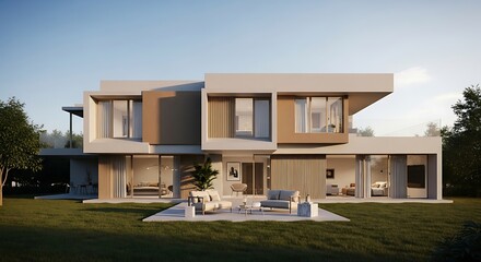 Modern Home Exterior with Patio and Green Lawn at Sunset