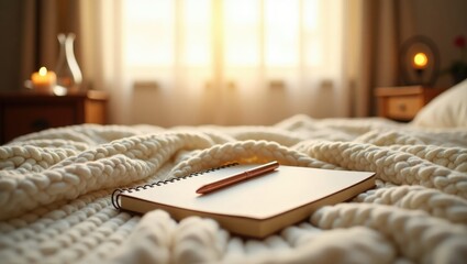 Cozy morning scene with a notebook and pen resting on a thick knitted blanket near a window with soft sunlight