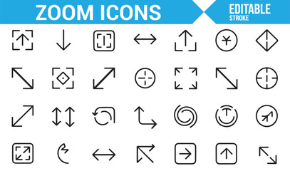 A collection of zoom icons representing zooming, resizing, and navigation actions. Ideal for digital design, UI/UX, and web development projects.