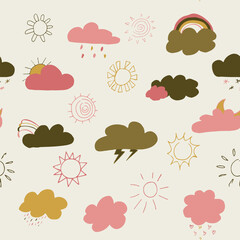 multicolored clouds stars sequins seamless pattern. Cute clouds seamless pattern, cartoon background with star dots, vector illustration