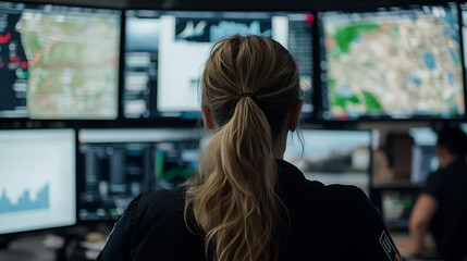Woman monitoring multiple screens displaying maps, charts, and data in a control room setting with other people in the background working.
