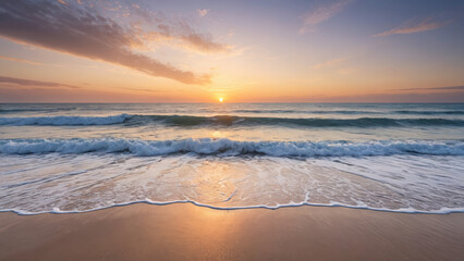 Serene Wide Shot of an Empty Beach at Sunrise with Pastel Sky and Gentle Waves for Wellness Retreats and Travel Destination Advertising