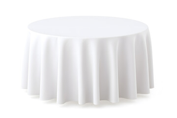 Minimalistic white tablecloth draped neatly over a round wooden dining table, isolated on white background, ideal for product mockups or interior concepts.