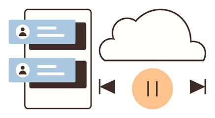 Fototapeta premium Mobile messaging app with blue chat bubbles, cloud icon connected to media player buttons for streaming control. Ideal for technology, communication, media, entertainment, collaboration, networking