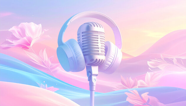 Dreamy pastel podcast concept with headphones and mic in soft floral setting. Great for wellness, audio, or lifestyle brands.
