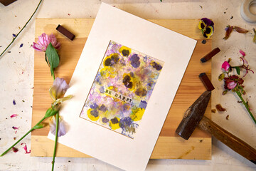 Handmade botanical print with 'Be Happy' text, matted and ready for display – floral pigments,...