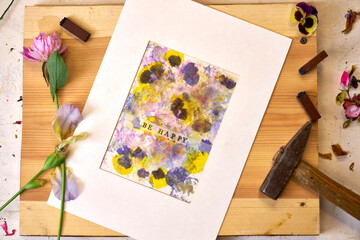 Handmade botanical print with 'Be Happy' text, matted and ready for display – floral pigments,...