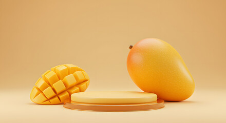 Glossy 3D Render Cutted Ripe Mango on Beige Background Minimalist Scene for Product Display