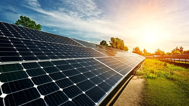 Solar panels reflecting sunlight in a rural landscape during sunset, showcasing renewable energy