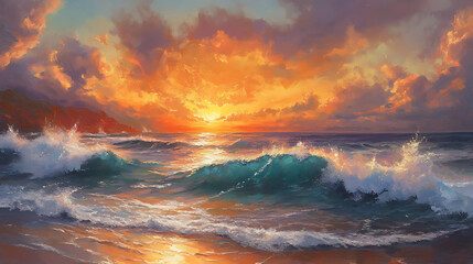 Fototapeta premium sunset on the beach with water waves 