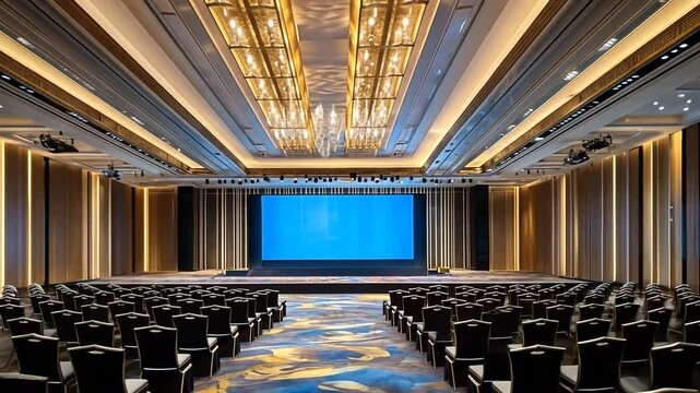 Spacious conference hall with rows of chairs, large screen, and elegant lighting for events