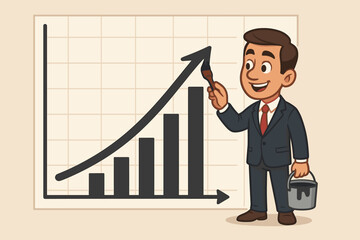 Businessman illustrating rising profit growth and career improvement by painting an upward arrow on a graph. Metaphor for financial success, progress, and investment. Vector.