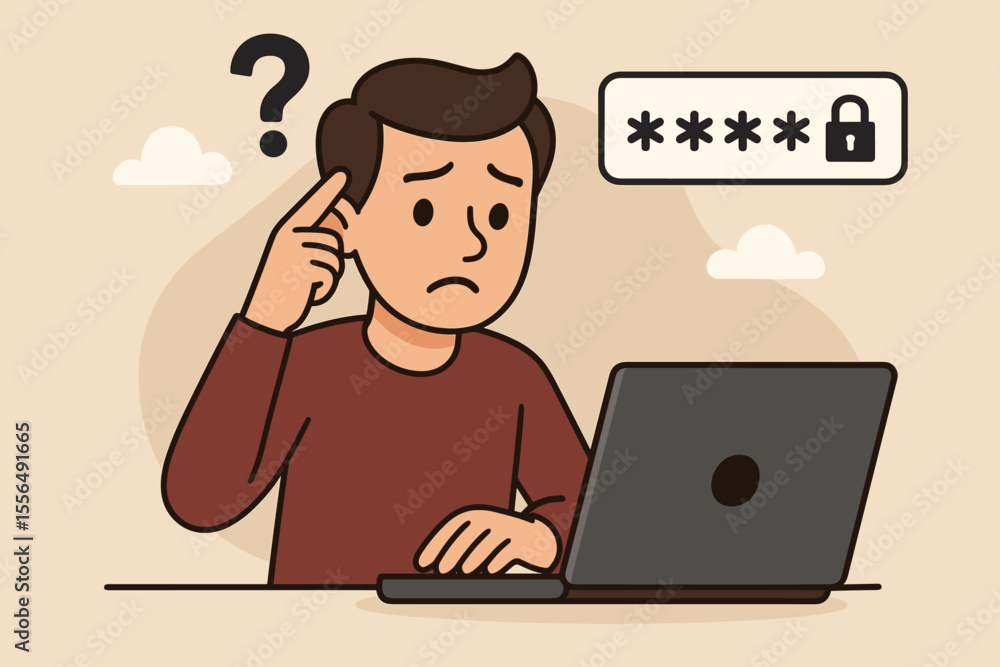 Poster confused man struggling to remember password, computer security concept, user forgetting login crede