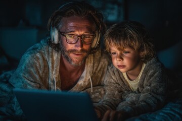 Father and child watch a laptop screen indoors at nighttime