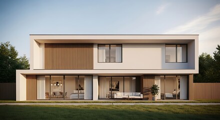 Modern House Exterior with Yard on Sunny Day