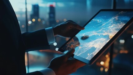 Businessman using futuristic tablet in office with cityscape at night time creating advanced technology for business - Powered by Adobe