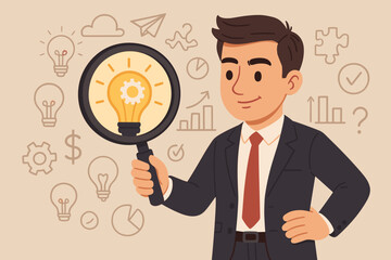 Businessman Analyzing Innovative Ideas with Magnifying Glass. Creative Solution Search. Concept of Business Strategy, Problem Solving, Brainstorming, Innovation, Success, Growth. Vector Illustration