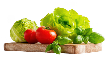 Fresh vegetables on a wooden board, with lettuce and tomatoes accompanied by basil leaves, png, transparent