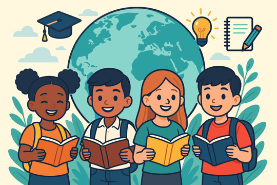 Diverse Children Reading Books Global Education Concept. Cartoon Vector Illustration of Multicultural Students Learning, Knowledge, Back to School, Academic Growth, Innovation, Worldwide Literacy - Powered by Adobe