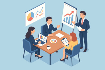 Isometric business team meeting, analyzing marketing data, discussing management strategy, teamwork collaboration, office presentation, financial charts, planning, vector illustration