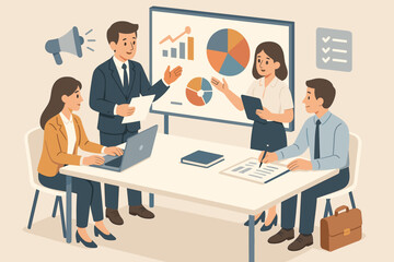 Business Team Meeting Collaboration, Office Presentation, Marketing Strategy, Data Analysis, Project Planning, Teamwork, Corporate Discussion, Pie Charts, Graphs, Vector Illustration