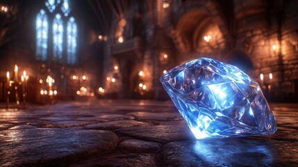 Glowing diamond resting on stone floor in a cathedral.